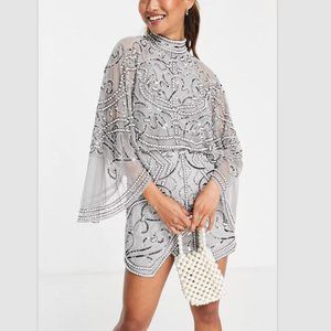ASOS DESIGN Pearl Embellished Mini Dress Cape Sleeves Size 2 Gray/Silver NWT